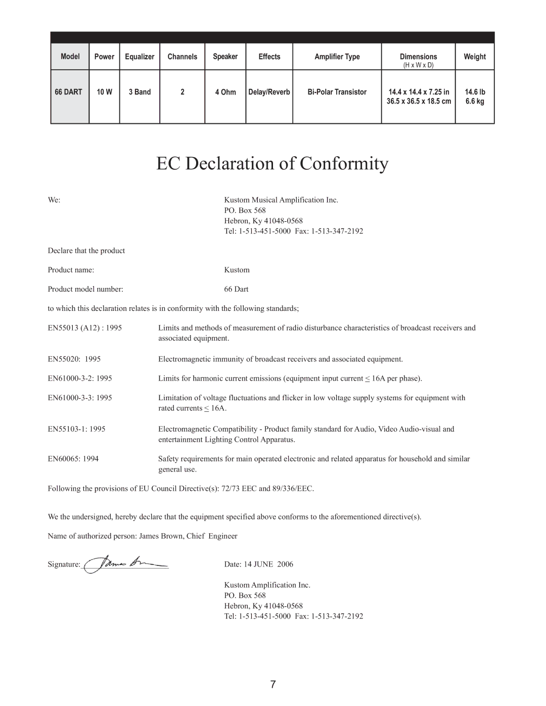 Kustom 66 Dart owner manual EC Declaration of Conformity 