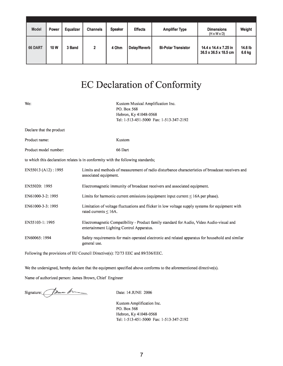 Kustom 66 Dart owner manual EC Declaration of Conformity 