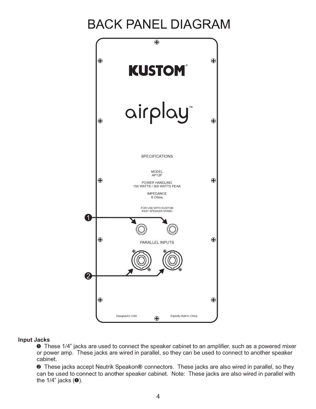 Kustom AP12P owner manual Back Panel Diagram 