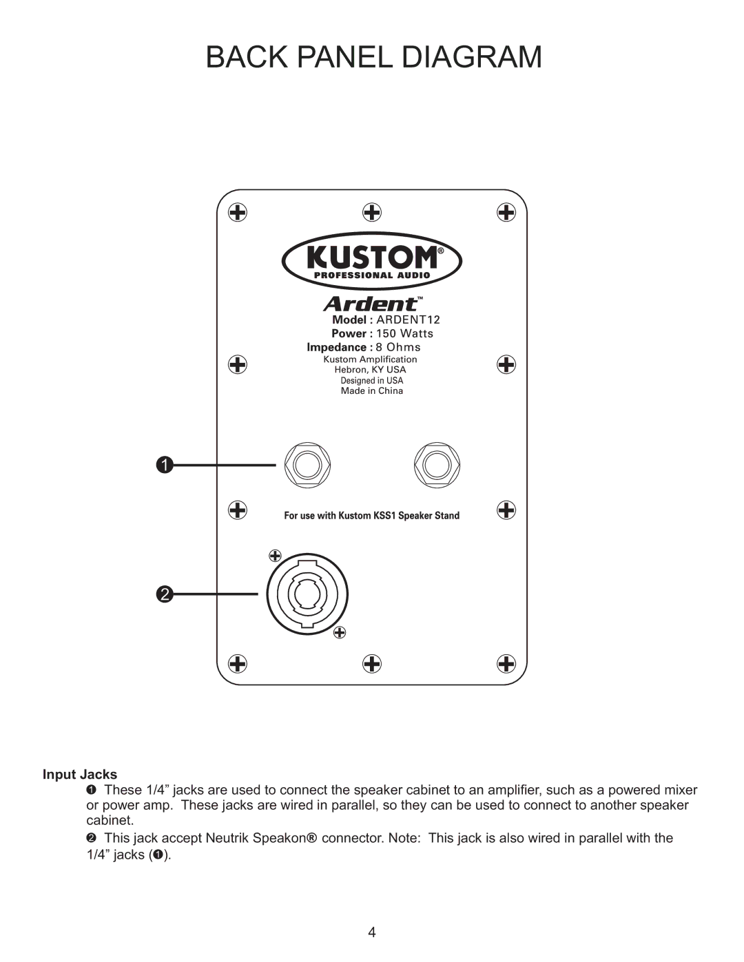 Kustom Ardent 12 owner manual Back Panel Diagram 