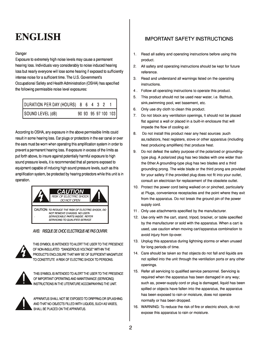 Kustom Dart 10FX owner manual English, SOUND LEVEL dB, Danger, Important Safety Instructions 