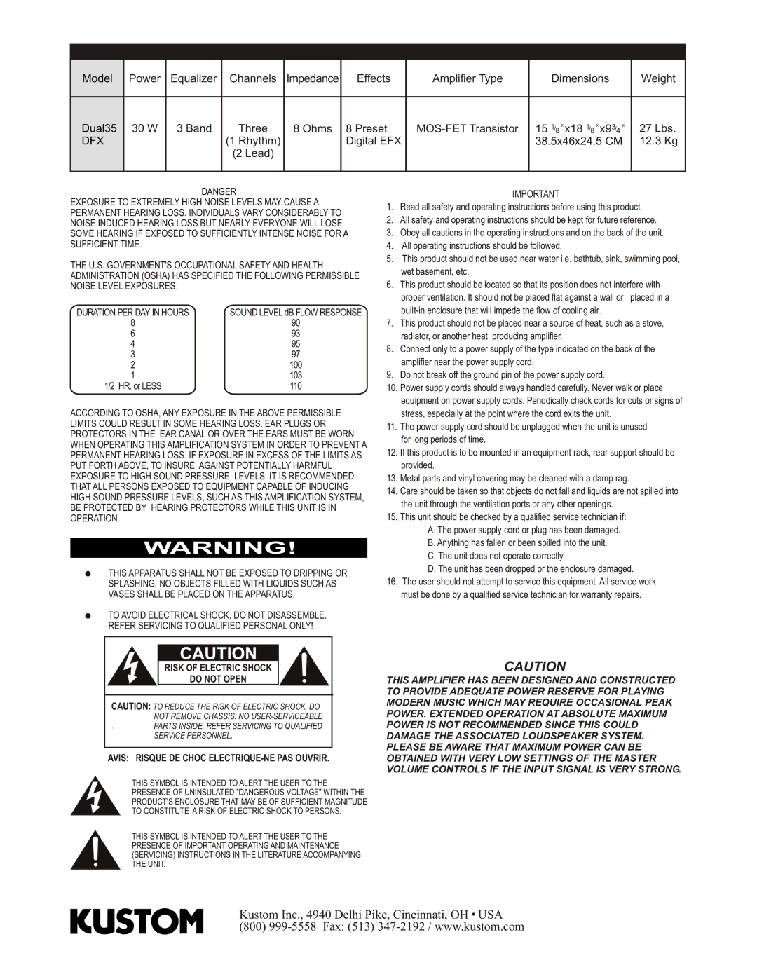 Kustom Dual 35 DFX owner manual Dfx 