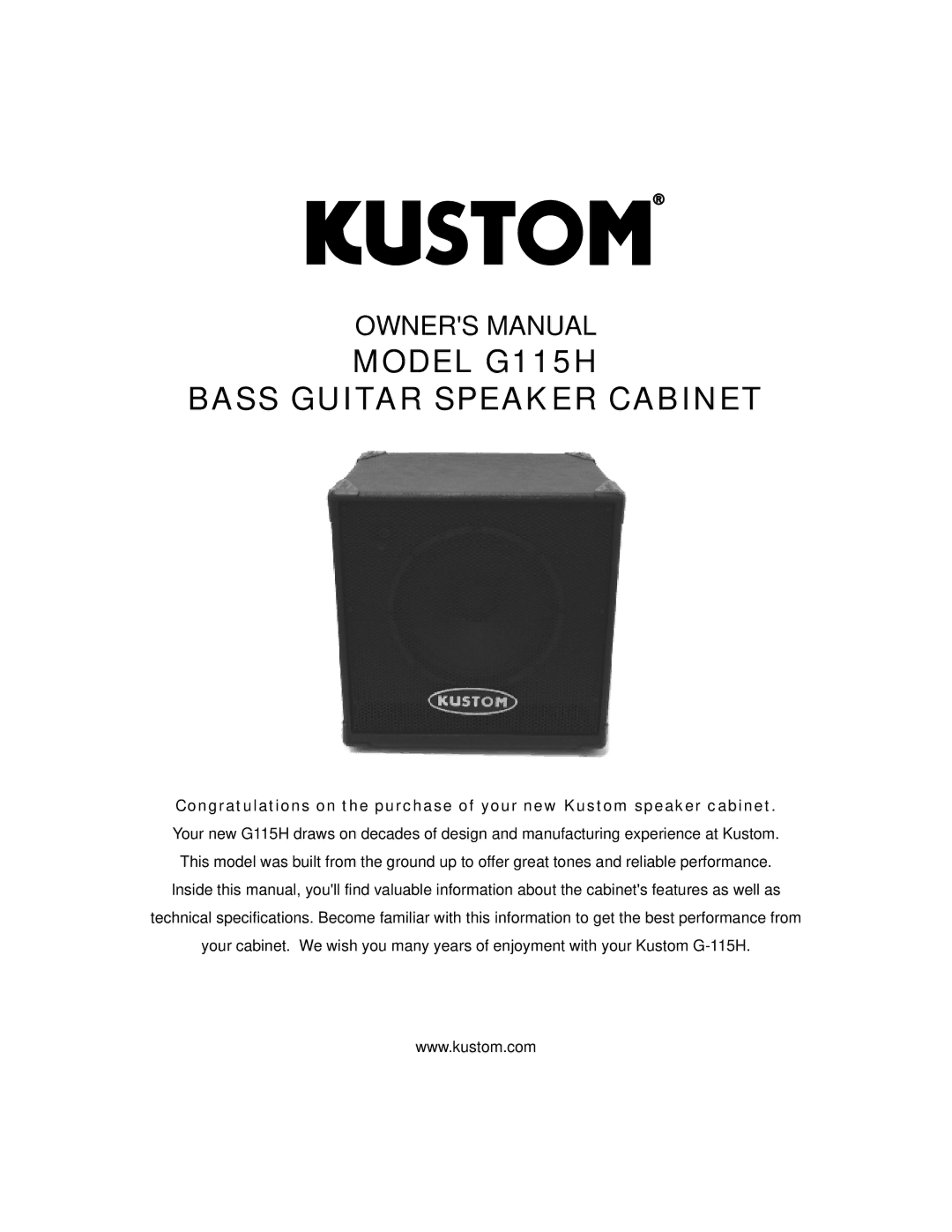 Kustom owner manual Model G115H Bass Guitar Speaker Cabinet 