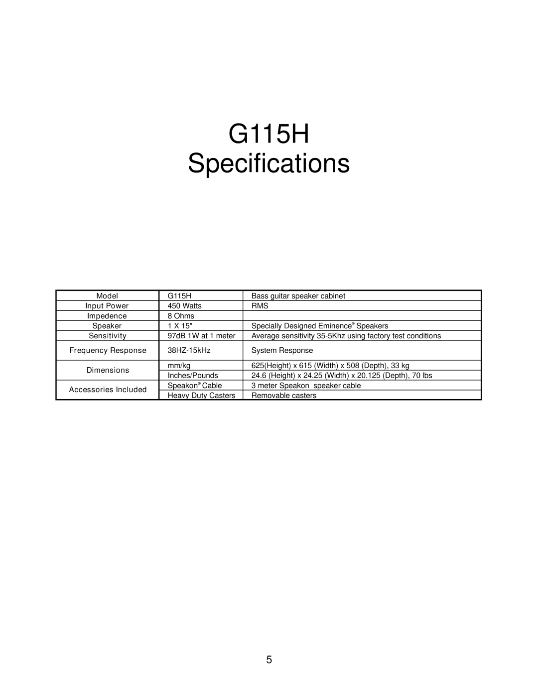 Kustom owner manual G115H Specifications 