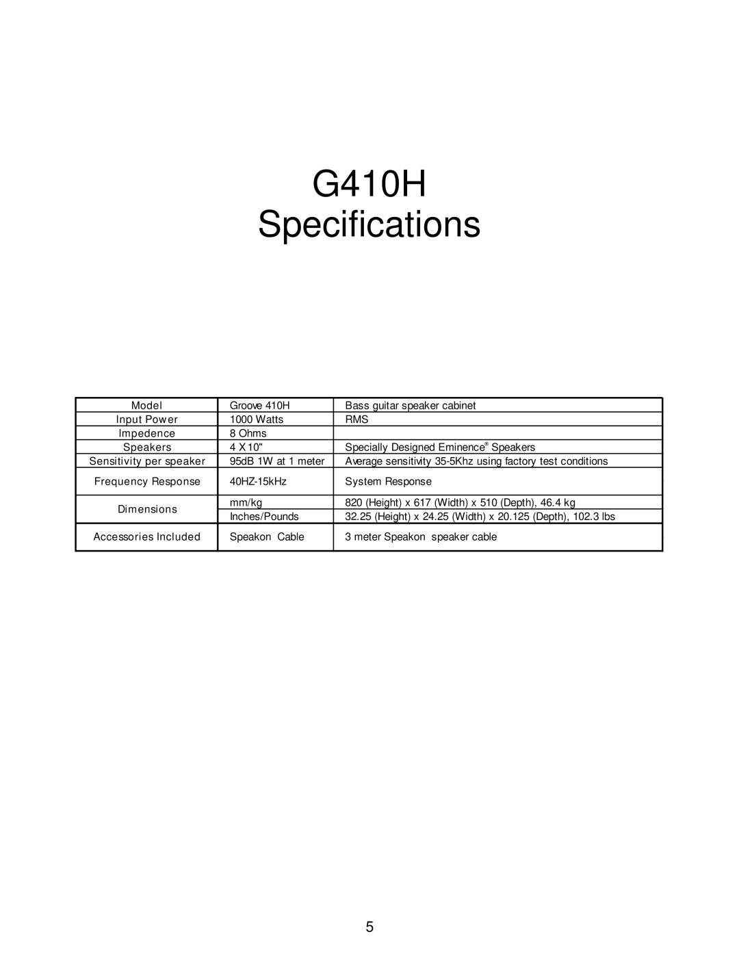 Kustom owner manual G410H Specifications 