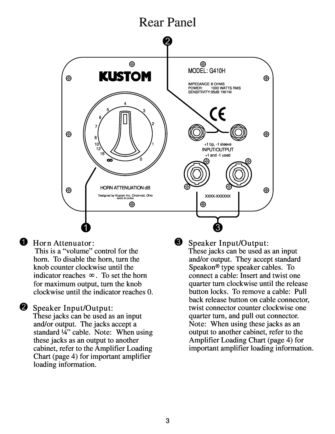 Kustom G410H owner manual Rear Panel, 1Horn Attenuator, 2Speaker Input/Output, 3Speaker Input/Output 