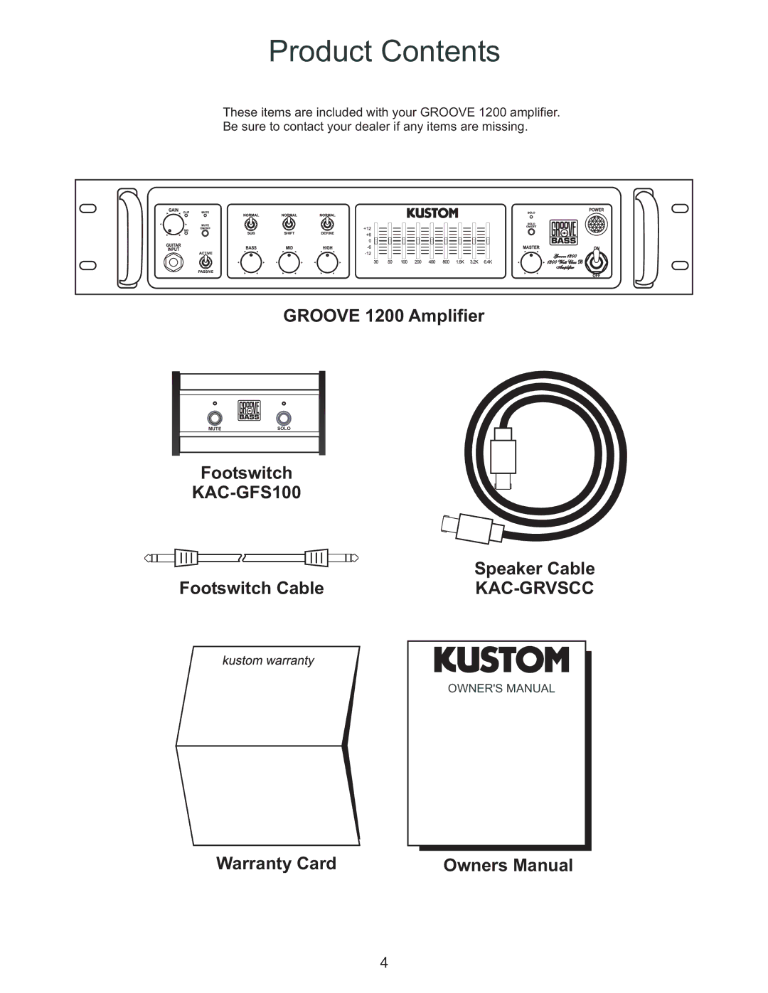 Kustom GROOVE 1200 owner manual Product Contents 