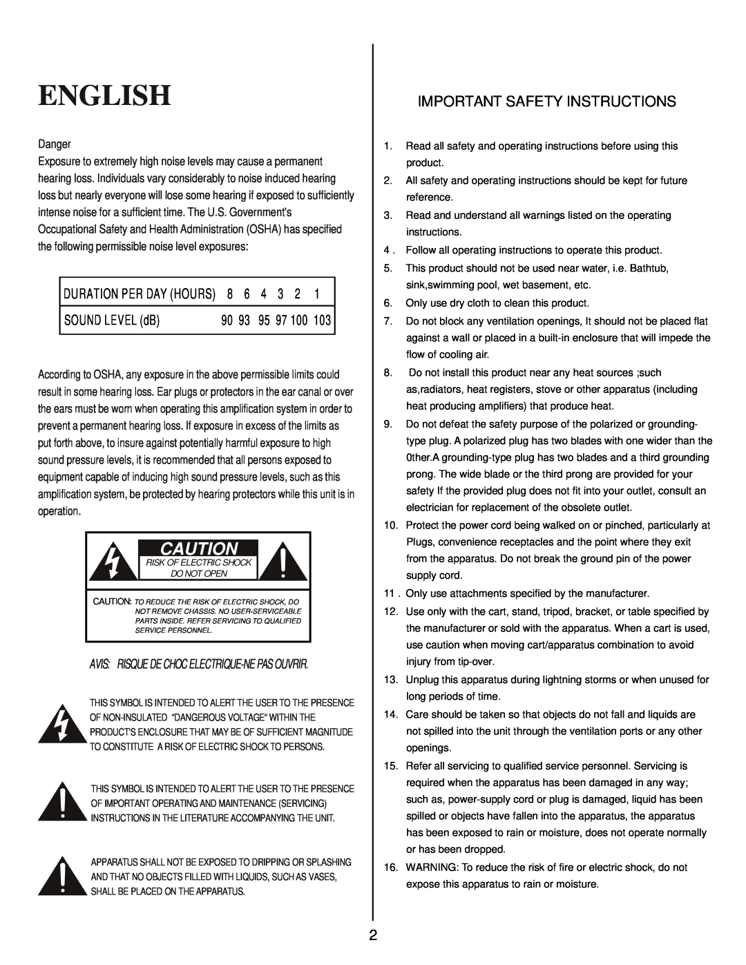 Kustom GROOVE 310C owner manual English, SOUND LEVEL dB, Danger, Important Safety Instructions 