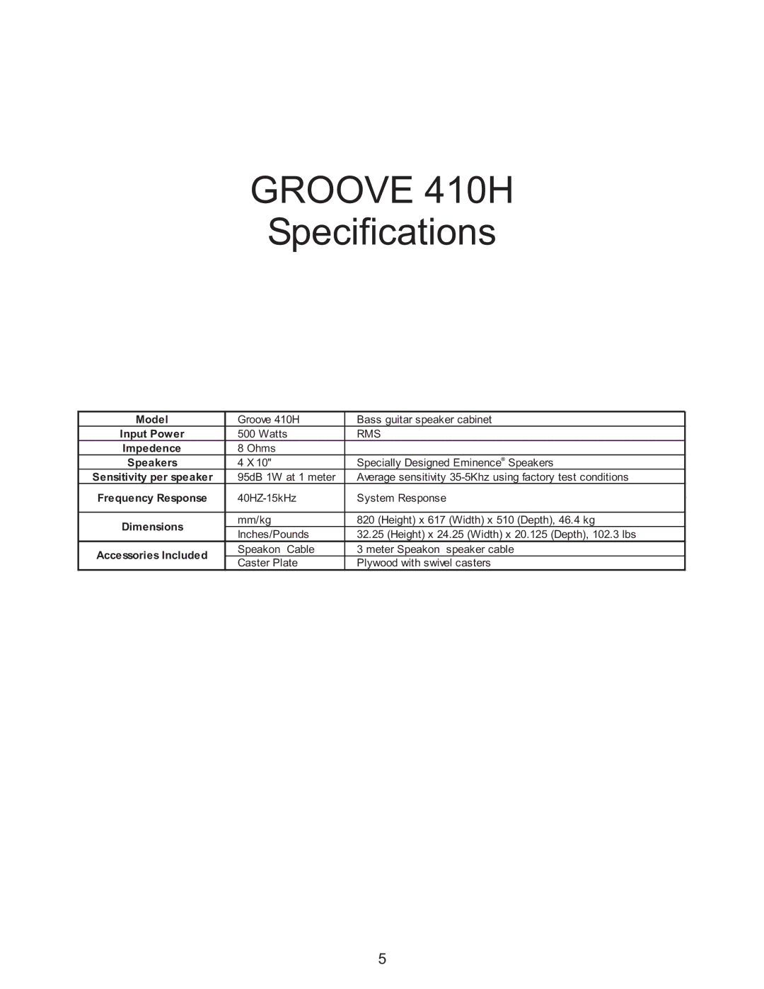 Kustom GROOVE 410H owner manual Groove 410H 