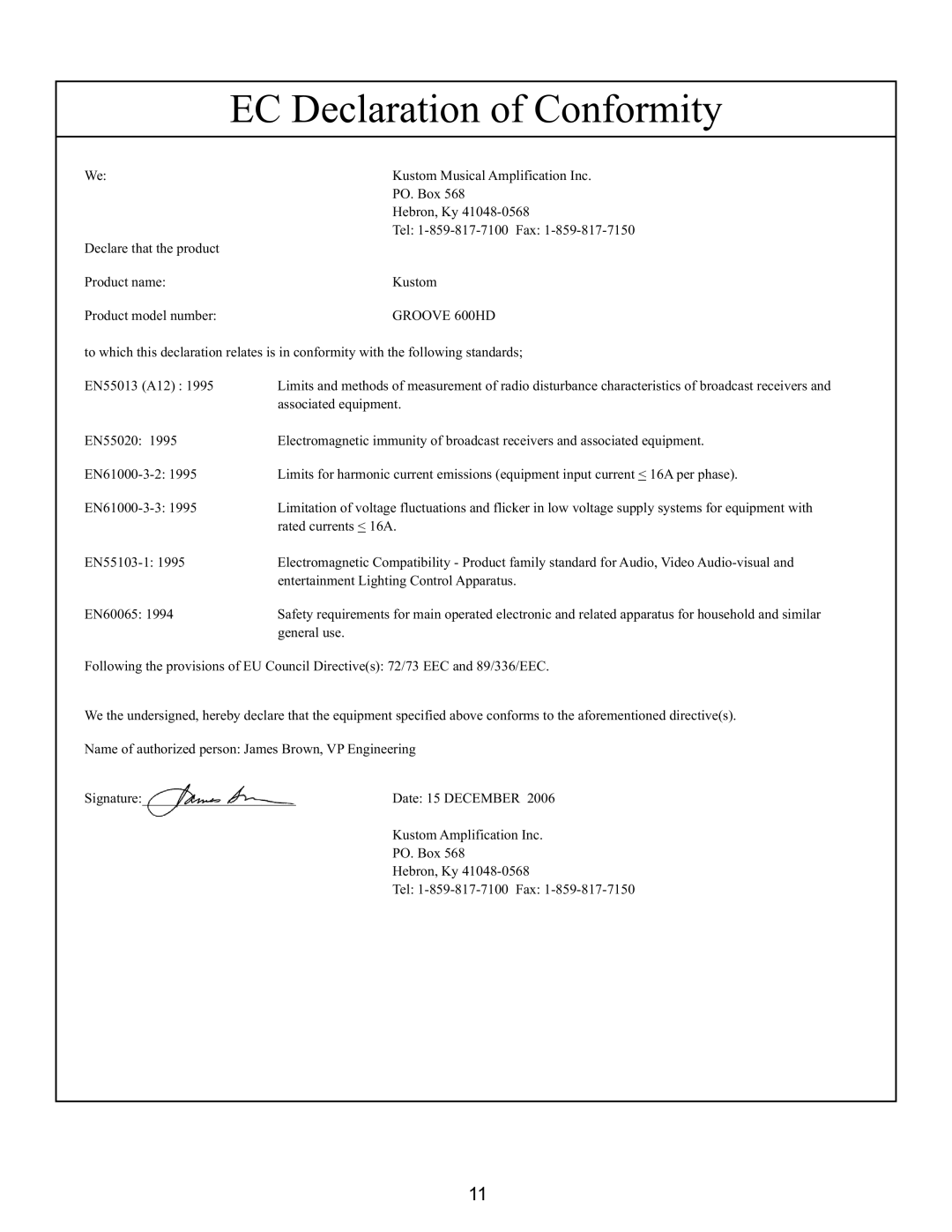 Kustom GROOVE 600TM owner manual EC Declaration of Conformity 
