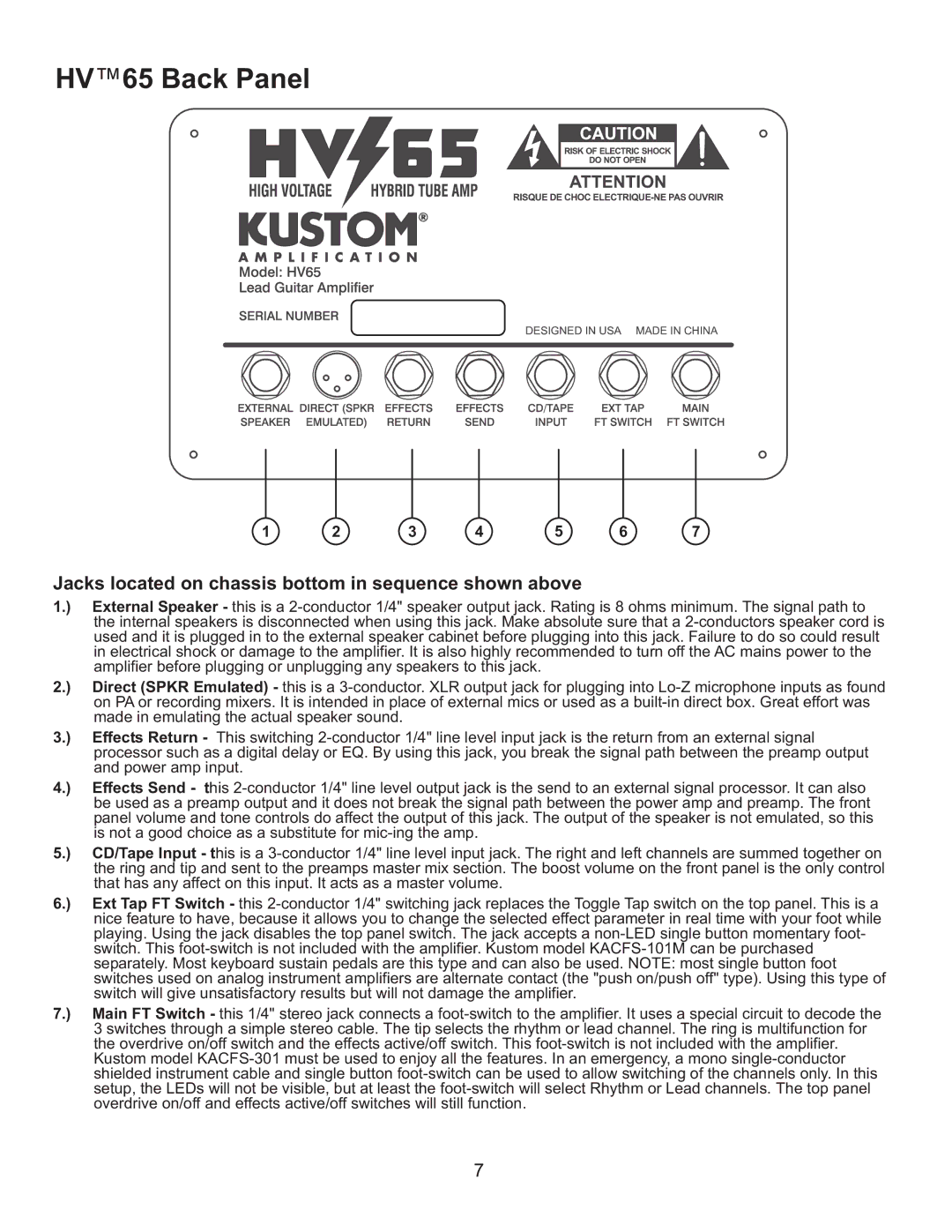 Kustom owner manual HV65 Back Panel, Jacks located on chassis bottom in sequence shown above 