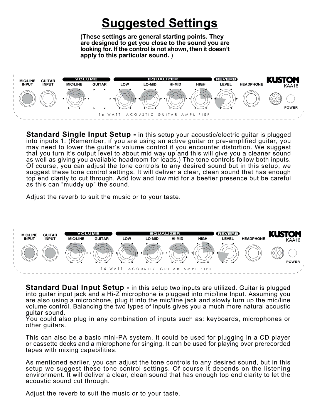 Kustom KAA16 manual Suggested Settings 