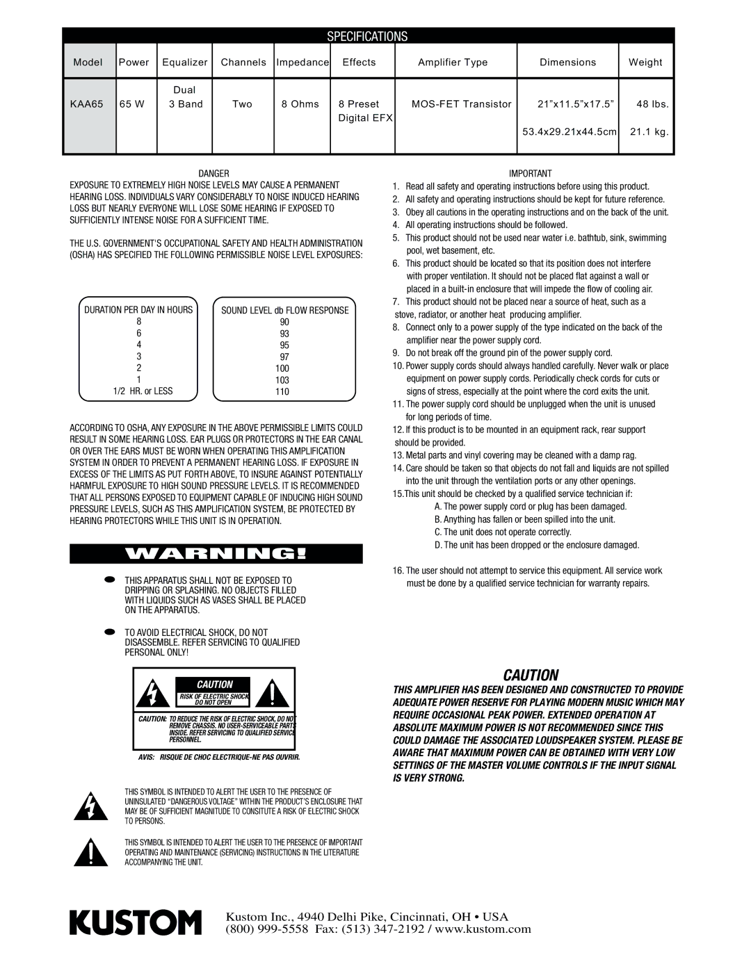 Kustom KAA65 manual 