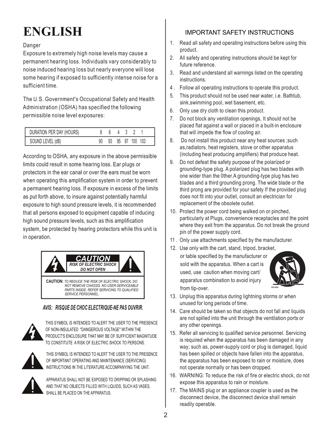 Kustom KBA115C/KBA210C owner manual English, Risk of Electric Shock Do not Open 