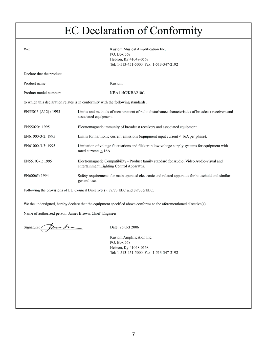 Kustom KBA115C/KBA210C owner manual EC Declaration of Conformity 