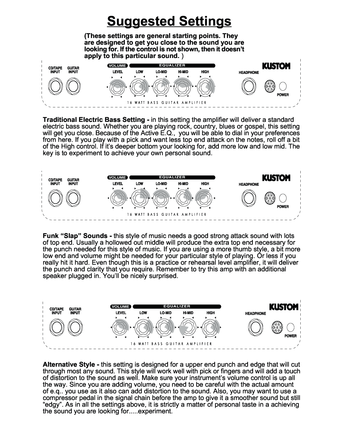Kustom KBA16 manual Suggested Settings 
