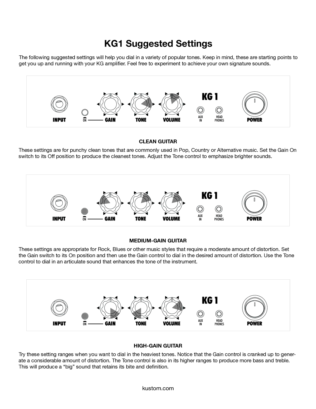 Kustom owner manual KG1 Suggested Settings, Clean Guitar 