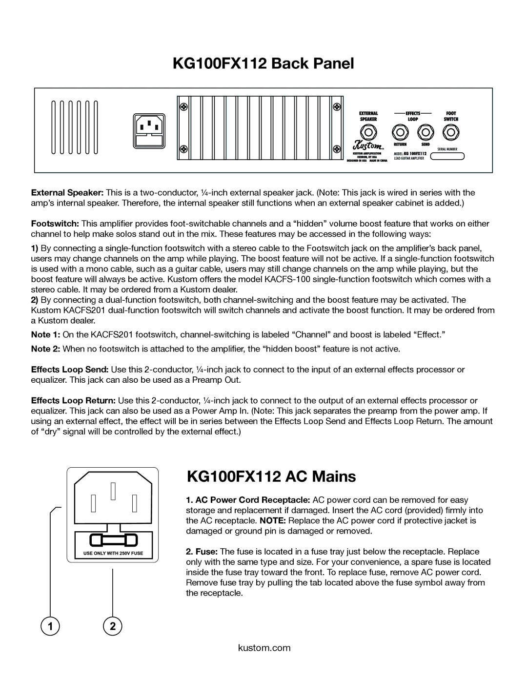 Kustom owner manual KG100FX112 Back Panel, KG100FX112 AC Mains 