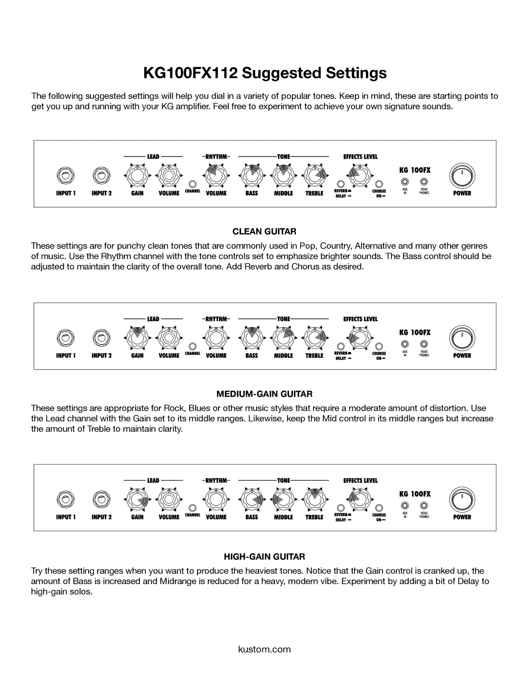 Kustom owner manual KG100FX112 Suggested Settings, Clean Guitar 