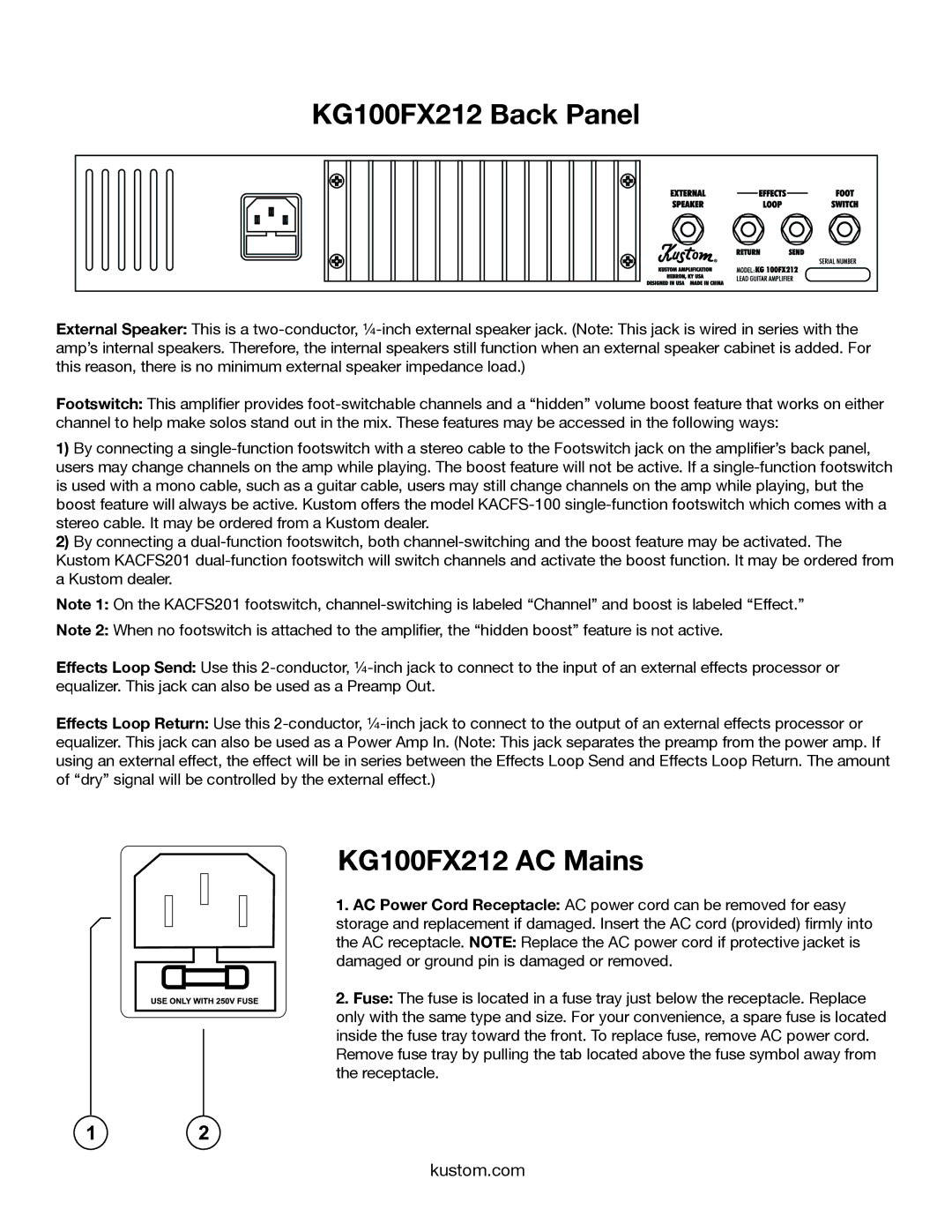 Kustom owner manual KG100FX212 Back Panel, KG100FX212 AC Mains 