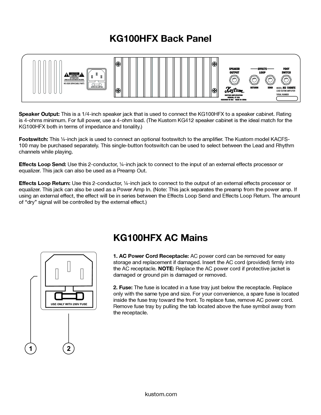 Kustom owner manual KG100HFX Back Panel, KG100HFX AC Mains 