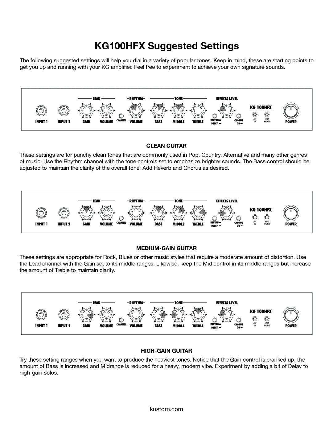 Kustom owner manual KG100HFX Suggested Settings, Clean Guitar 