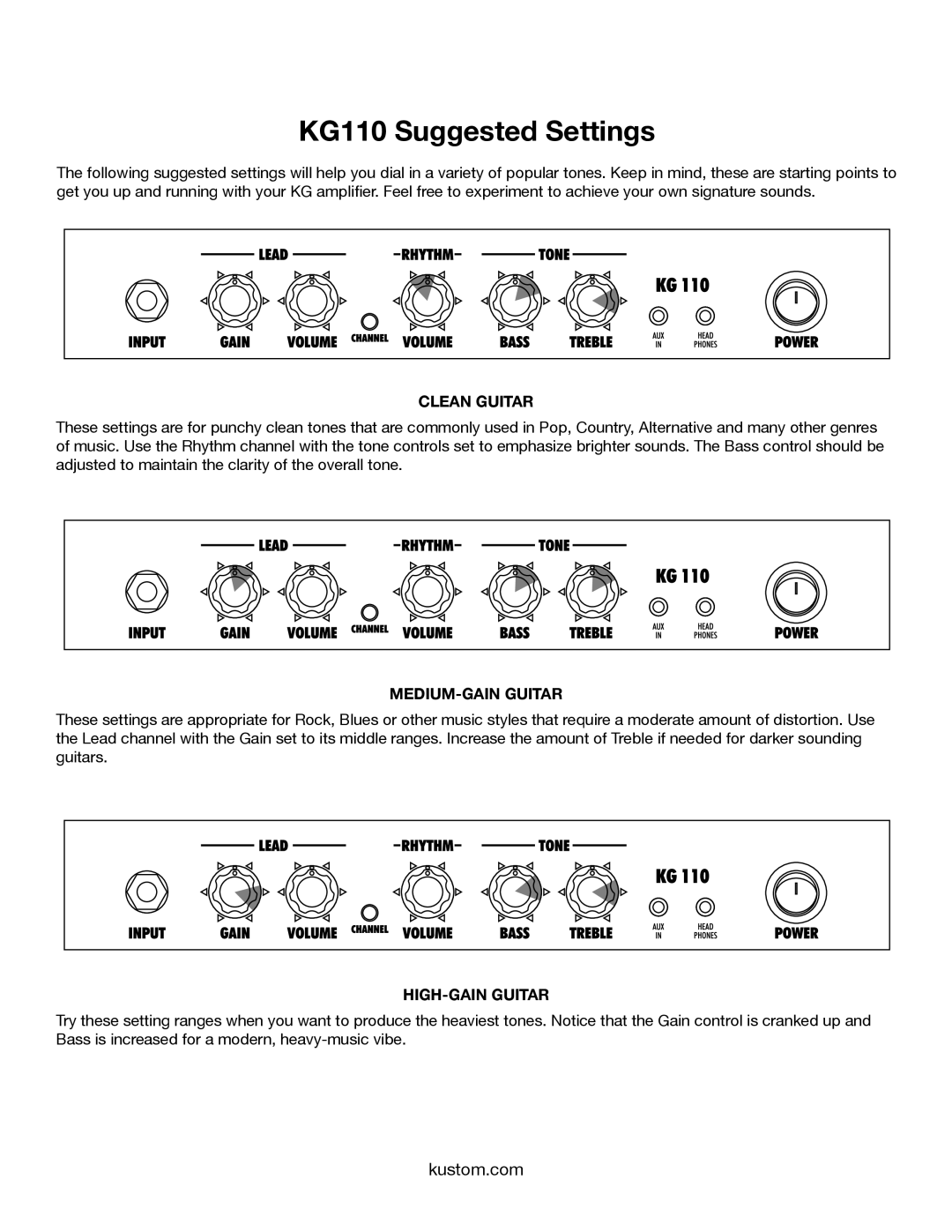 Kustom owner manual KG110 Suggested Settings, Clean Guitar 