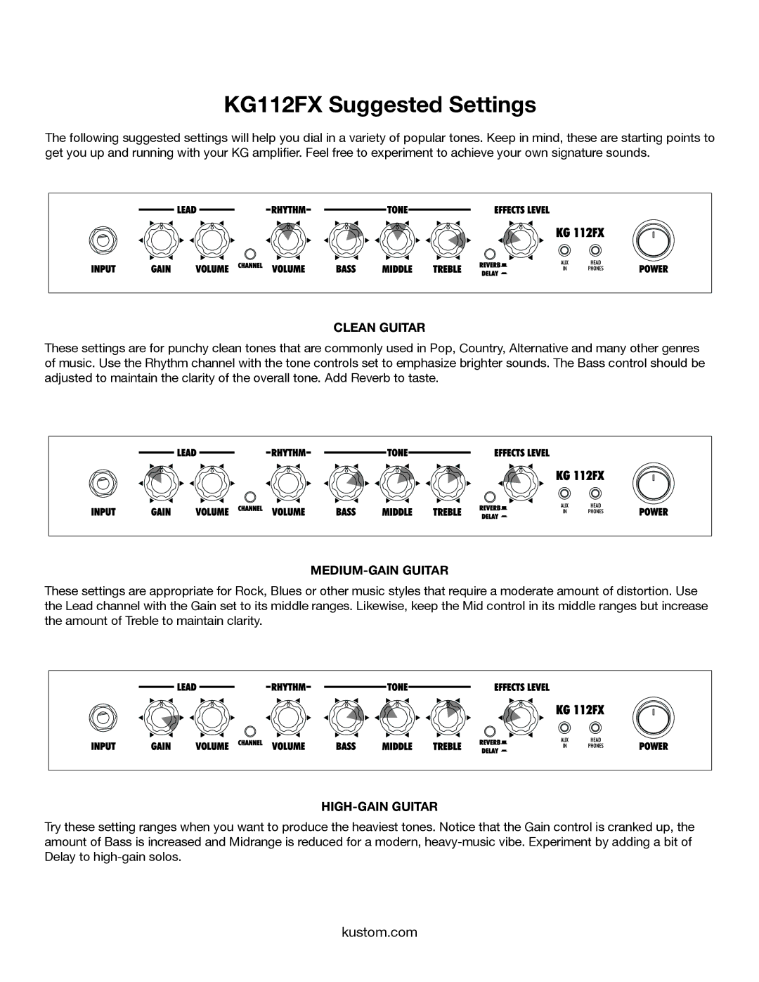 Kustom owner manual KG112FX Suggested Settings, Clean Guitar 