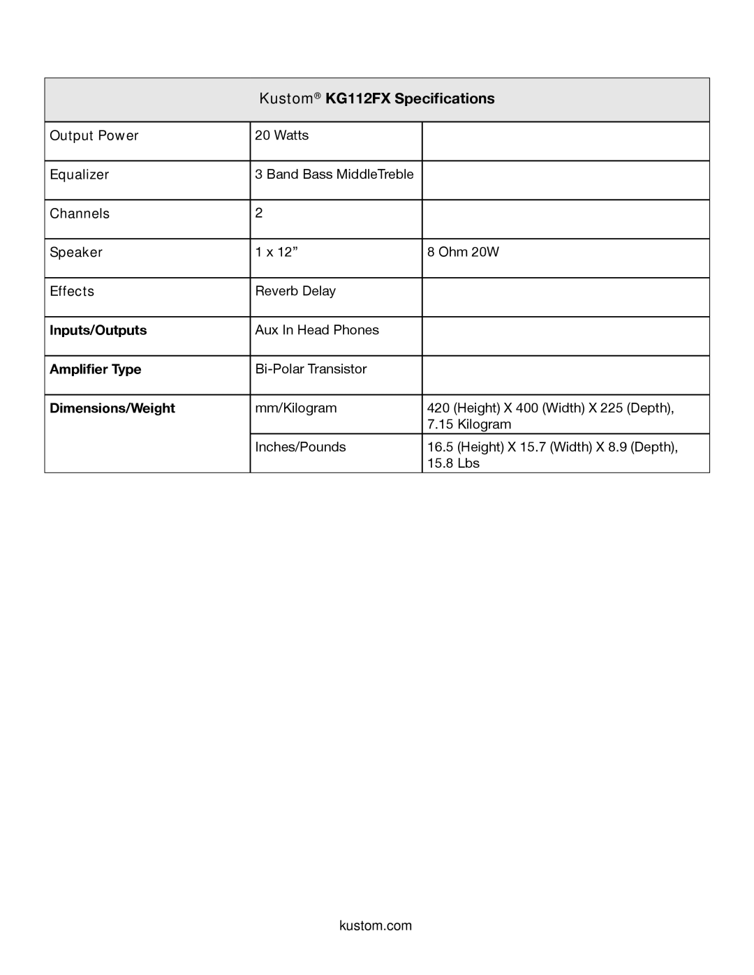 Kustom owner manual Kustom KG112FX Specifications 