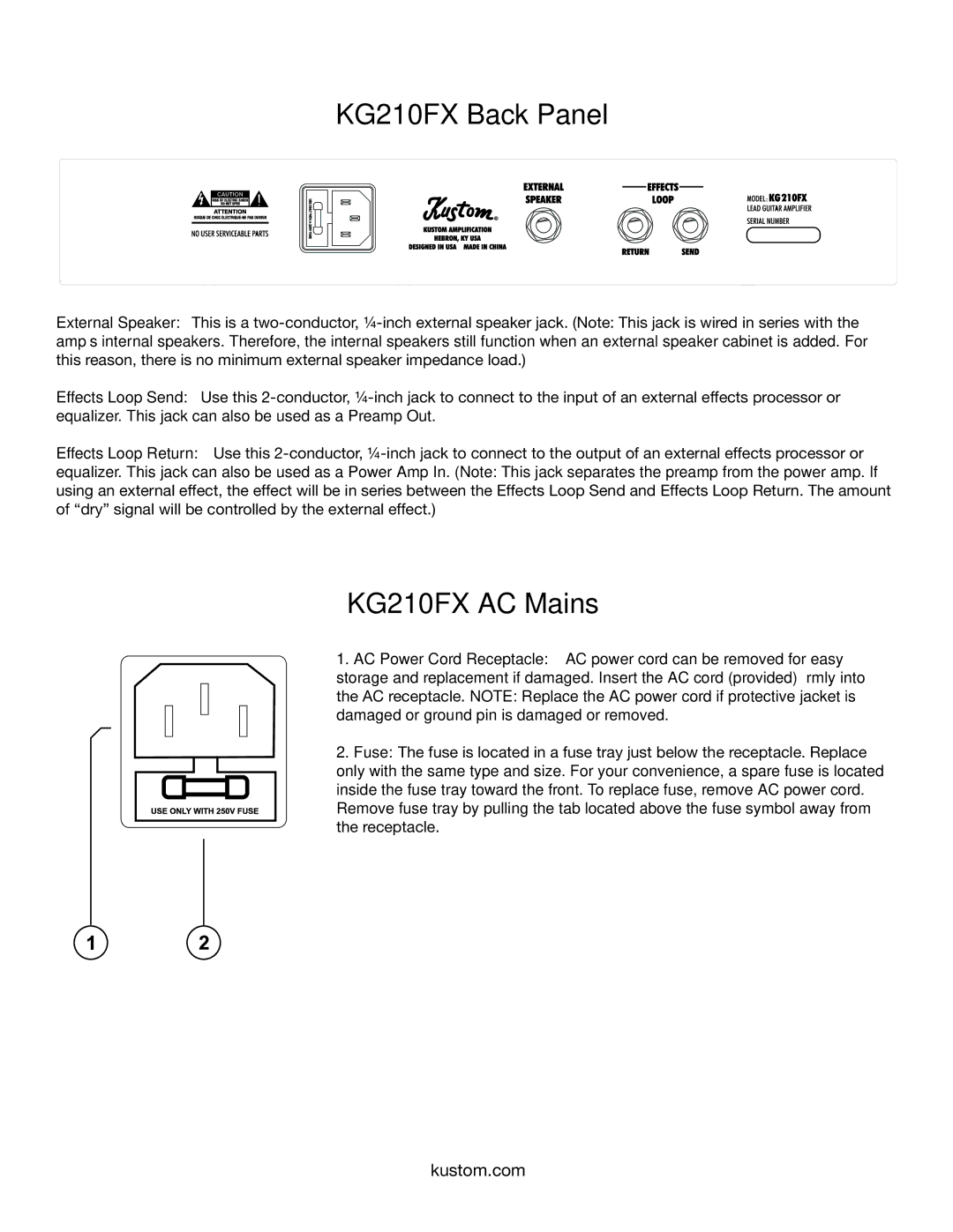 Kustom owner manual KG210FX Back Panel, KG210FX AC Mains 