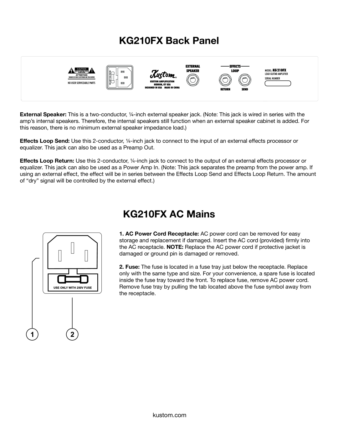 Kustom owner manual KG210FX Back Panel, KG210FX AC Mains 