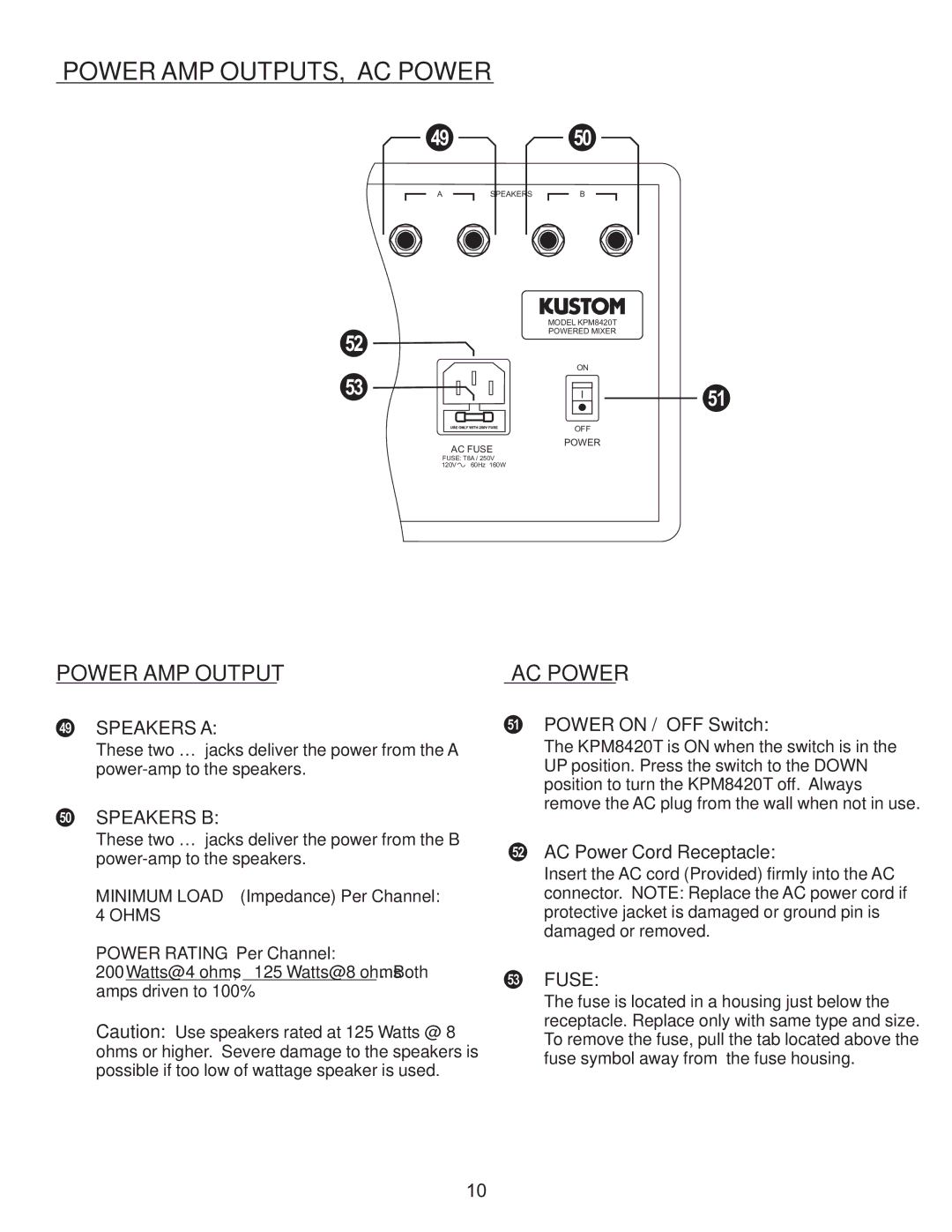 Kustom KPM 8420T owner manual Power AMP OUTPUTS, AC Power, Power AMP Output 