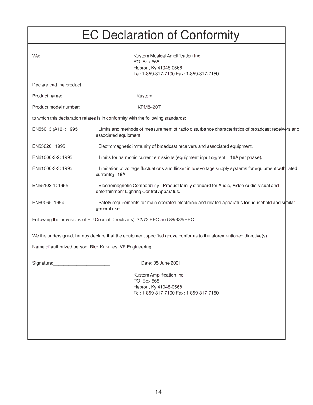 Kustom KPM 8420T owner manual EC Declaration of Conformity 