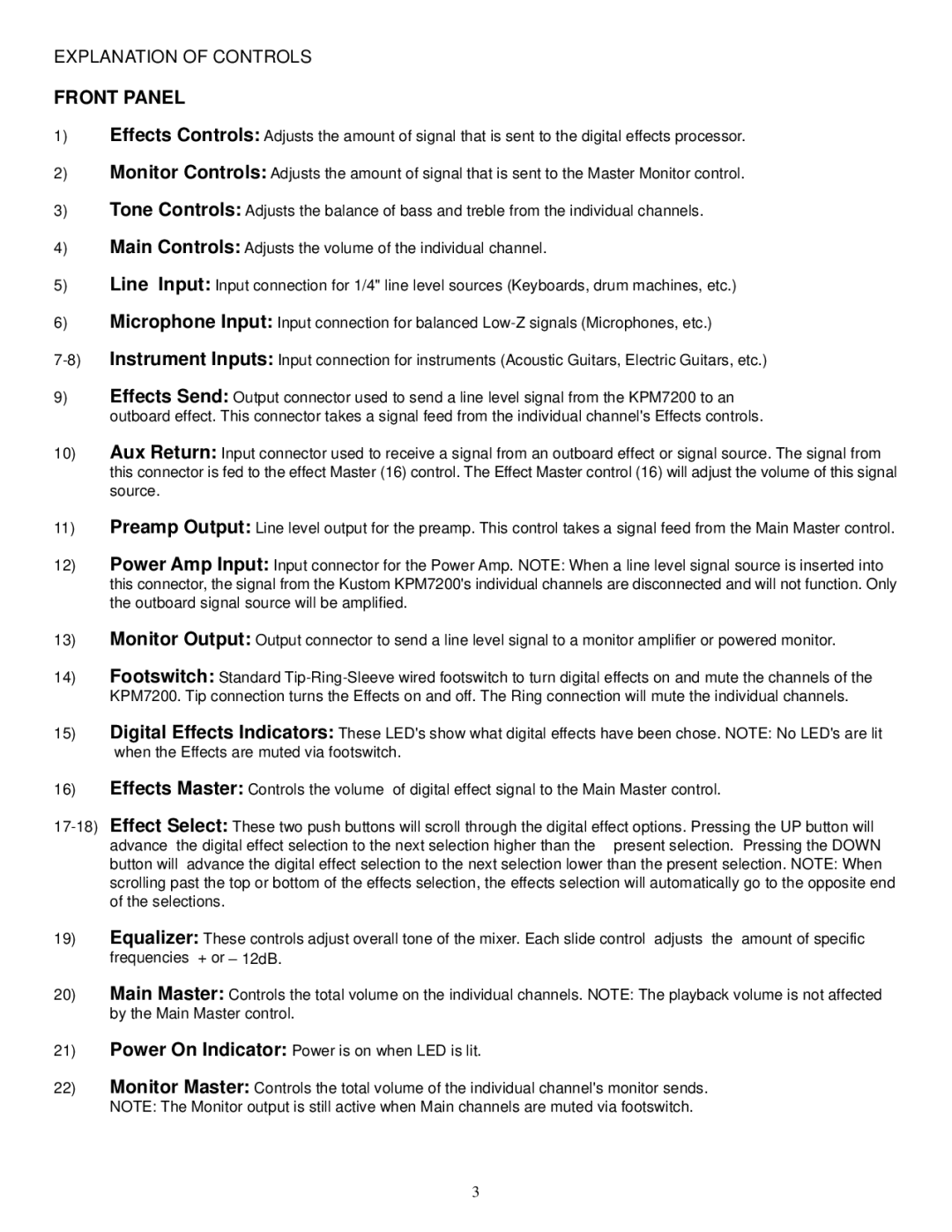 Kustom KPM7200 manual Explanation of Controls, Front Panel 