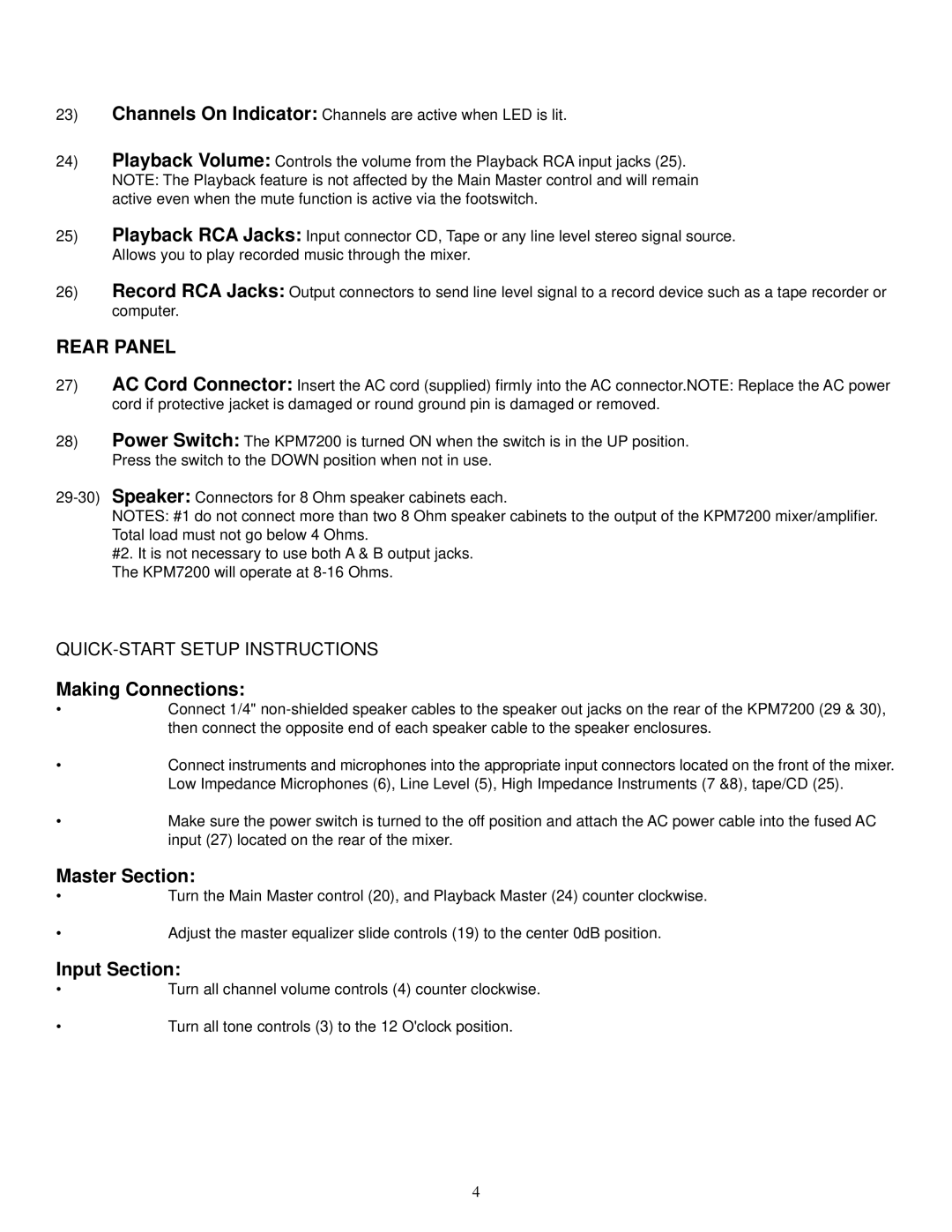 Kustom KPM7200 manual QUICK-START Setup Instructions, Rear Panel 