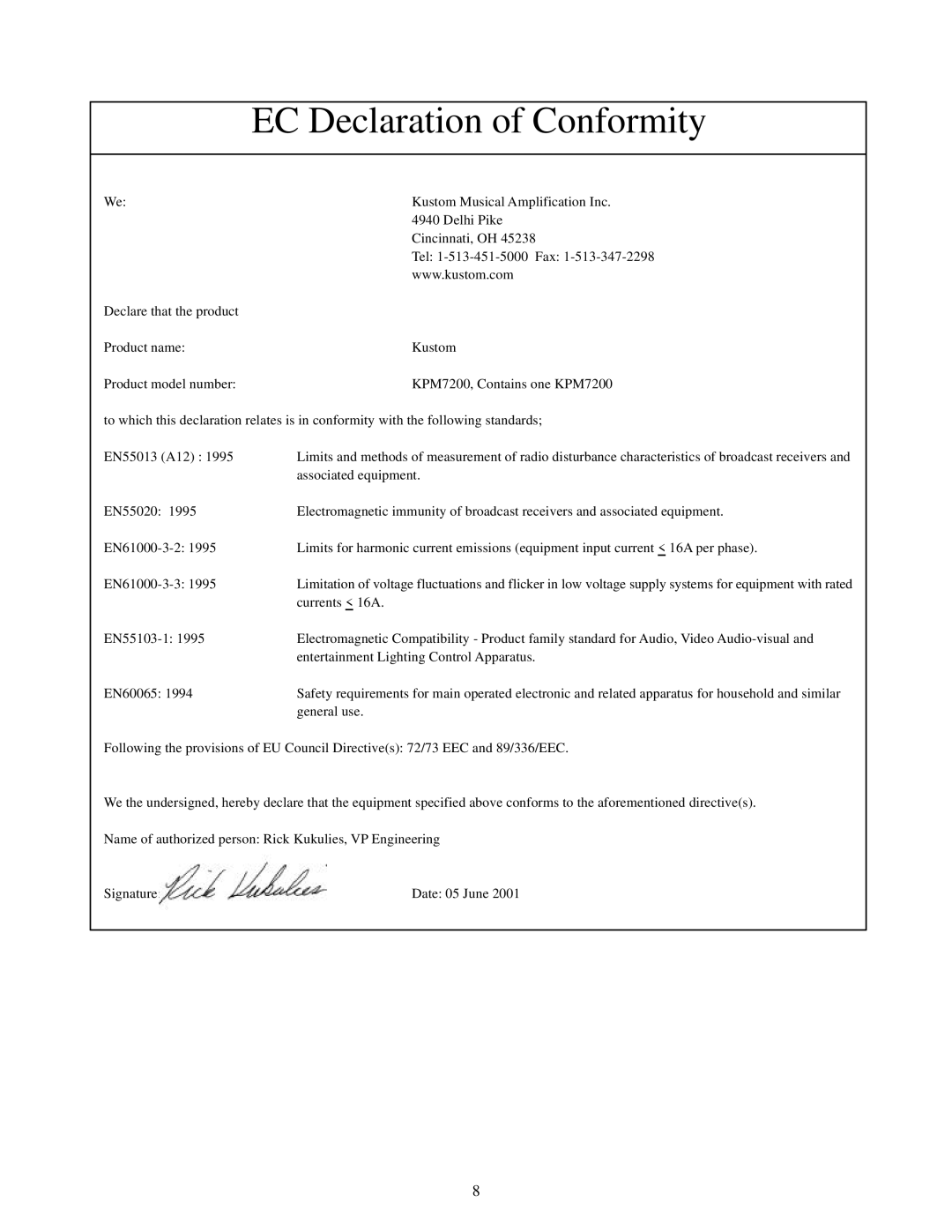 Kustom KPM7200 manual EC Declaration of Conformity 