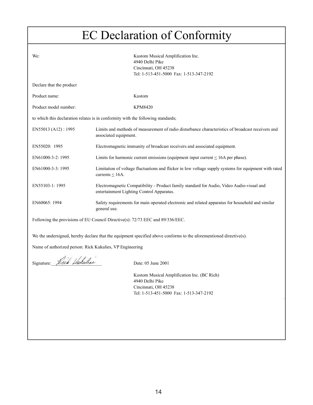 Kustom KPM8420 owner manual EC Declaration of Conformity 