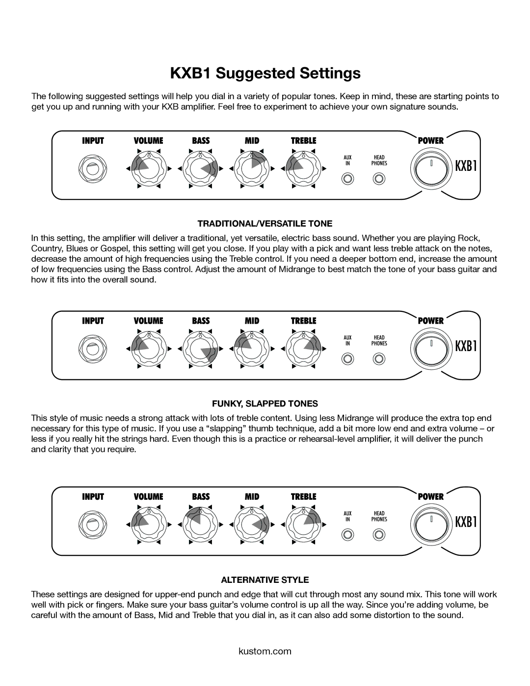 Kustom owner manual KXB1 Suggested Settings, TRADITIONAL/VERSATILE Tone 