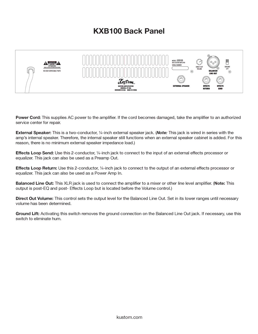 Kustom owner manual KXB100 Back Panel 