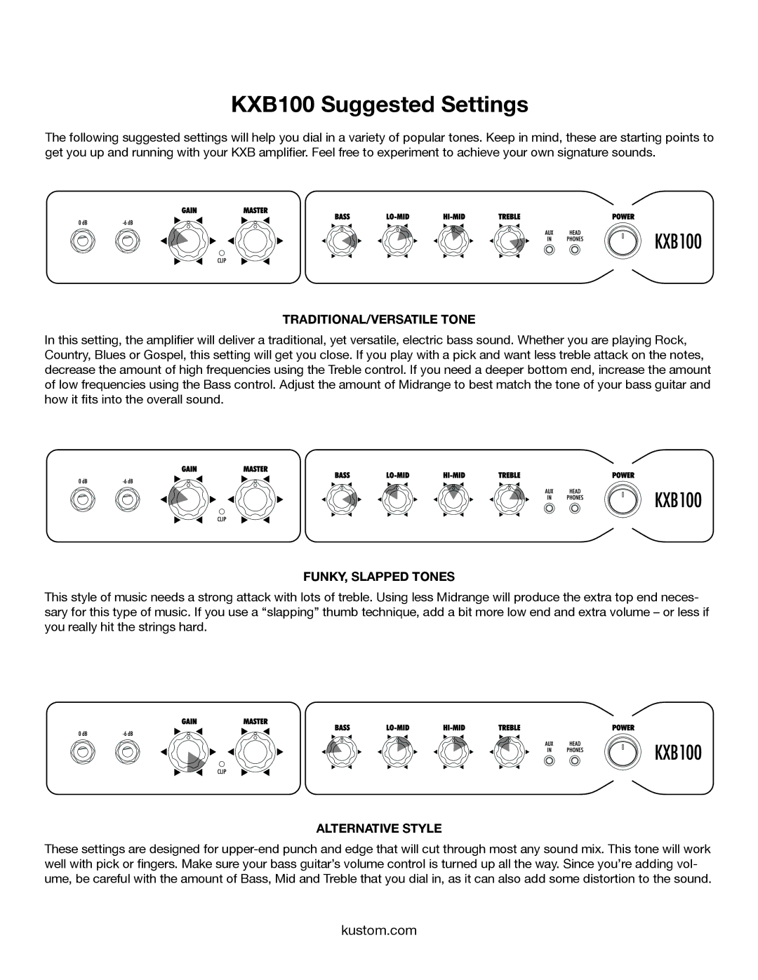 Kustom owner manual KXB100 Suggested Settings, TRADITIONAL/VERSATILE Tone 