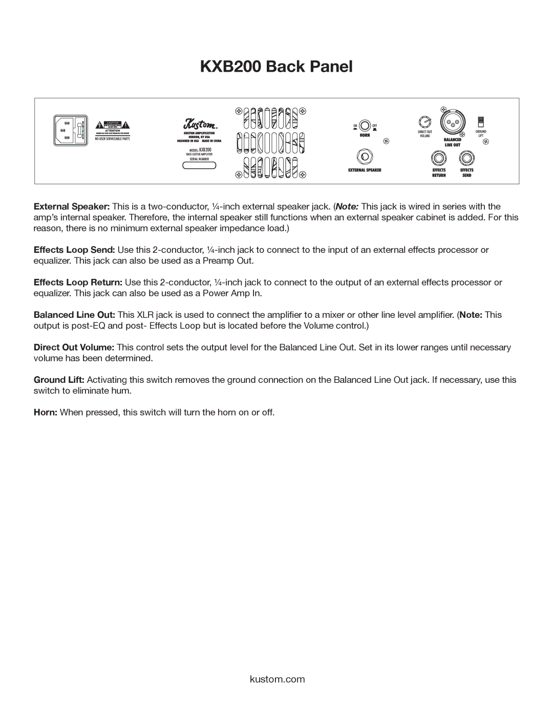 Kustom owner manual KXB200 Back Panel 