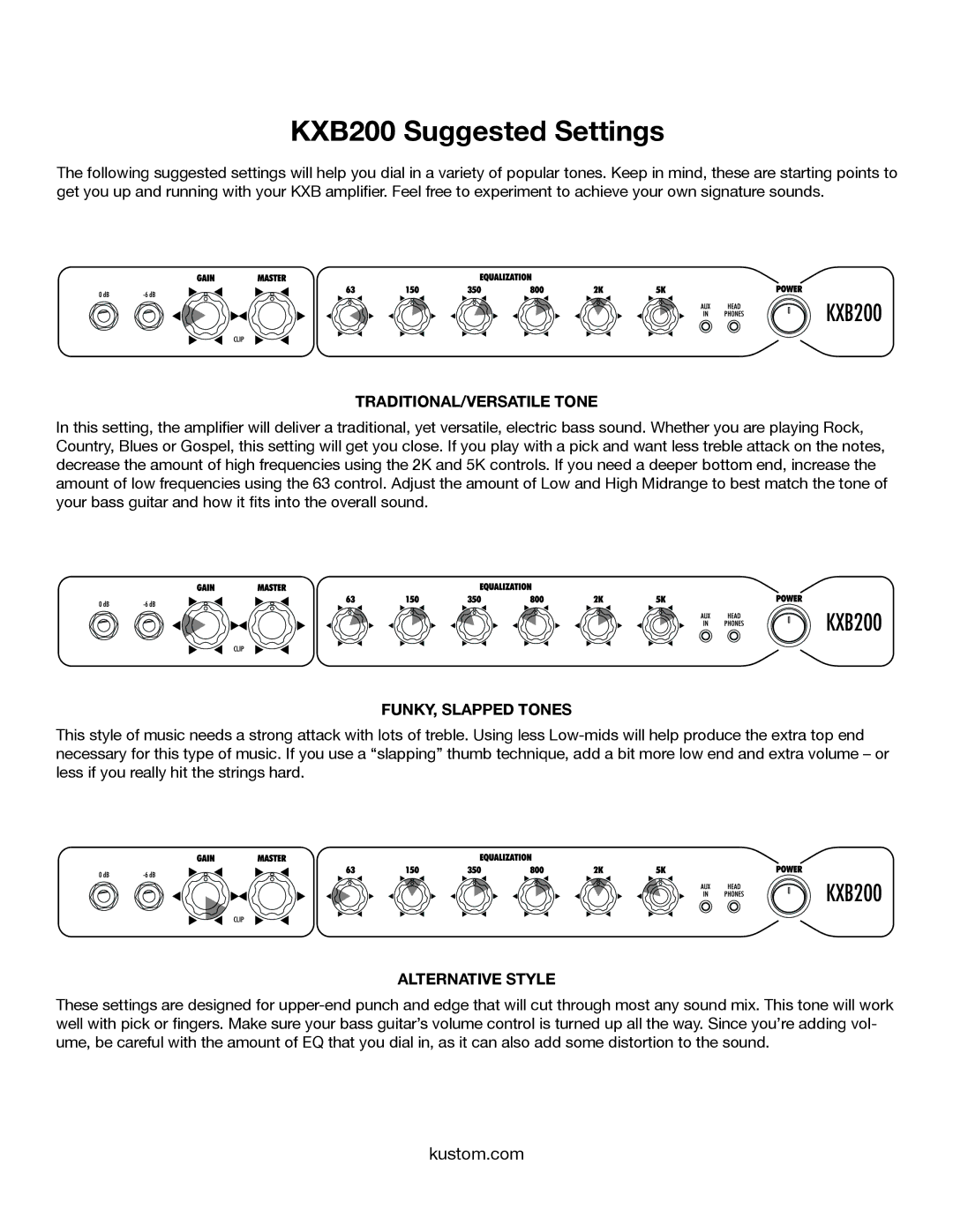 Kustom owner manual KXB200 Suggested Settings, TRADITIONAL/VERSATILE Tone 