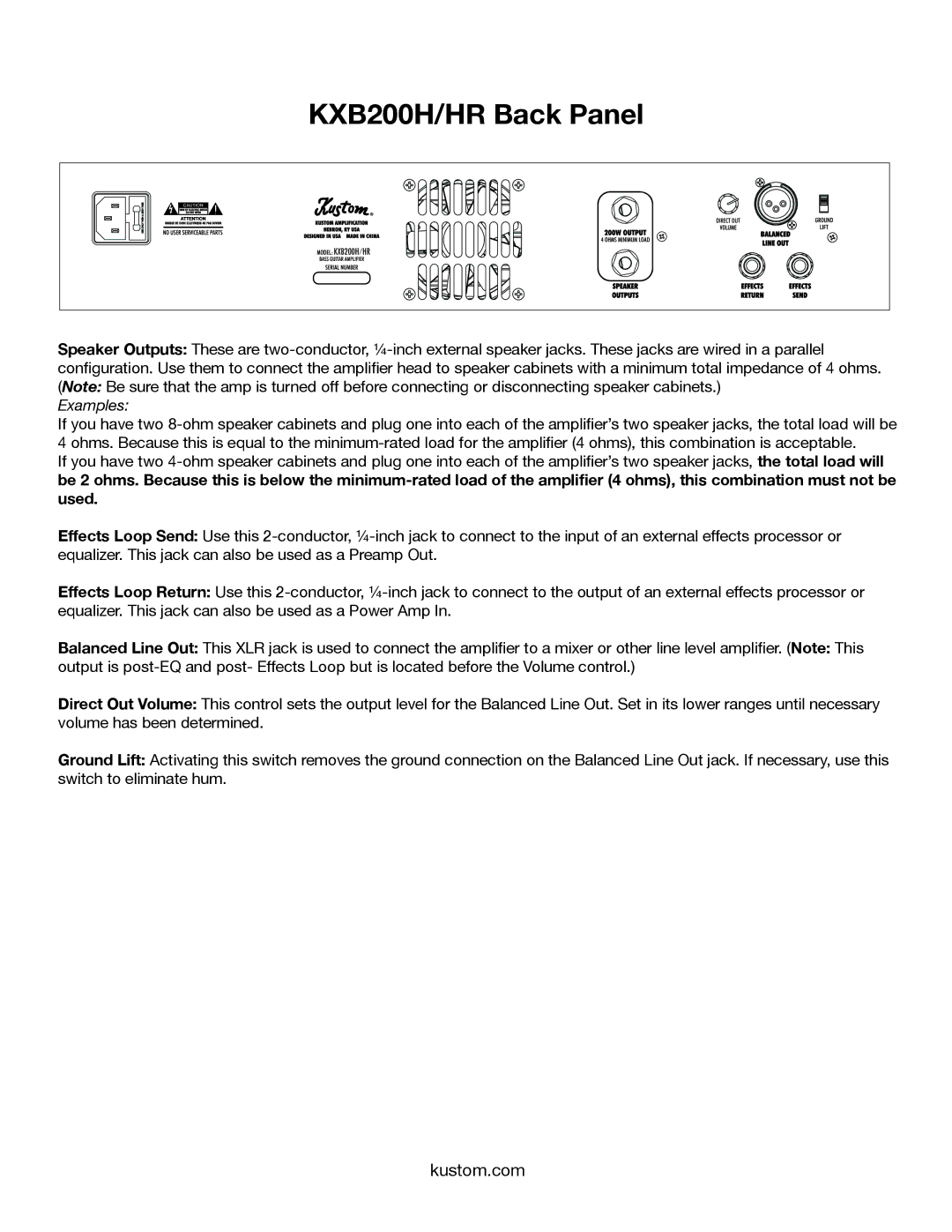 Kustom owner manual KXB200H/HR Back Panel, Examples 