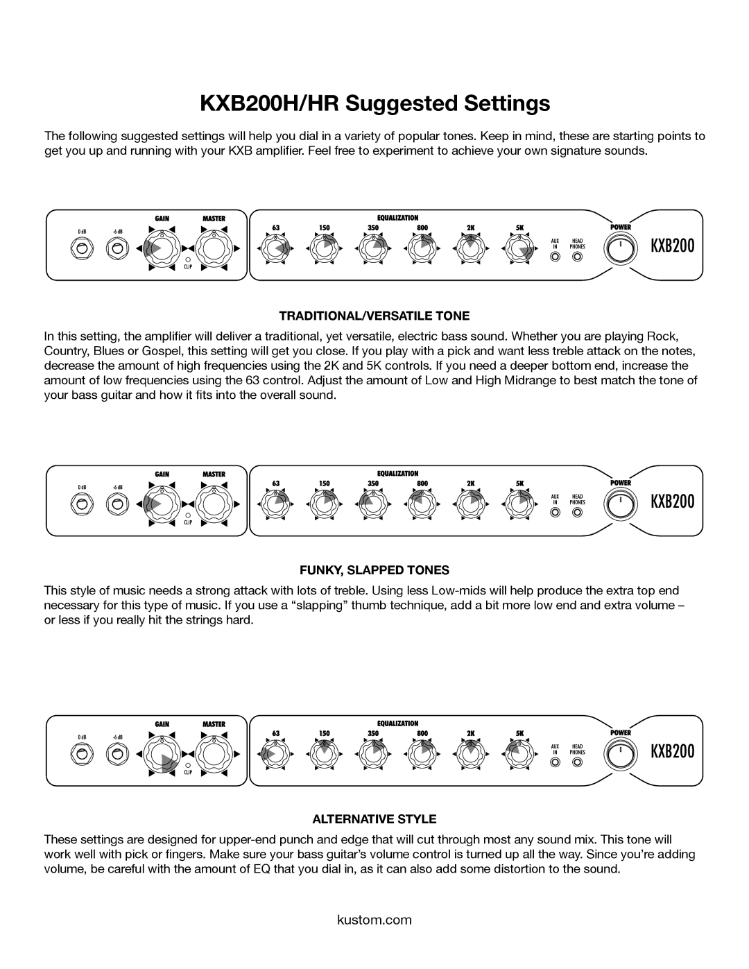 Kustom owner manual KXB200H/HR Suggested Settings, TRADITIONAL/VERSATILE Tone 