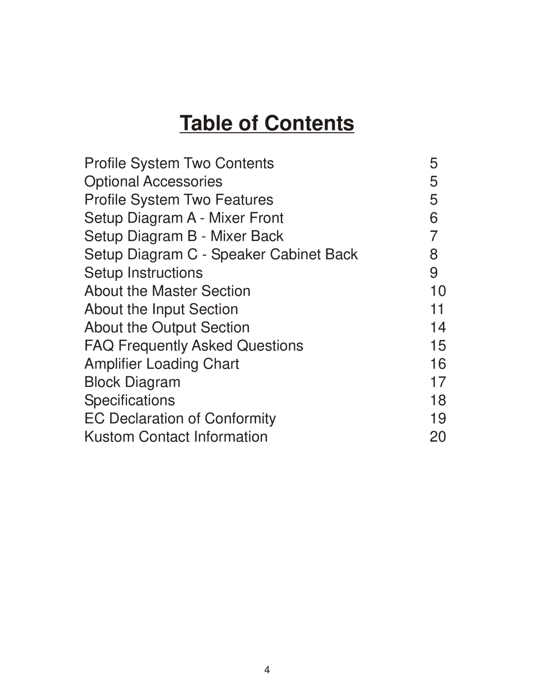 Kustom Profile System Two owner manual Table of Contents 