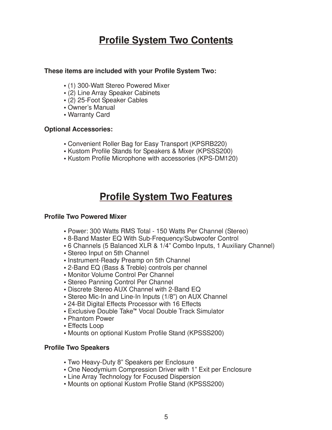 Kustom owner manual Profile System Two Contents 