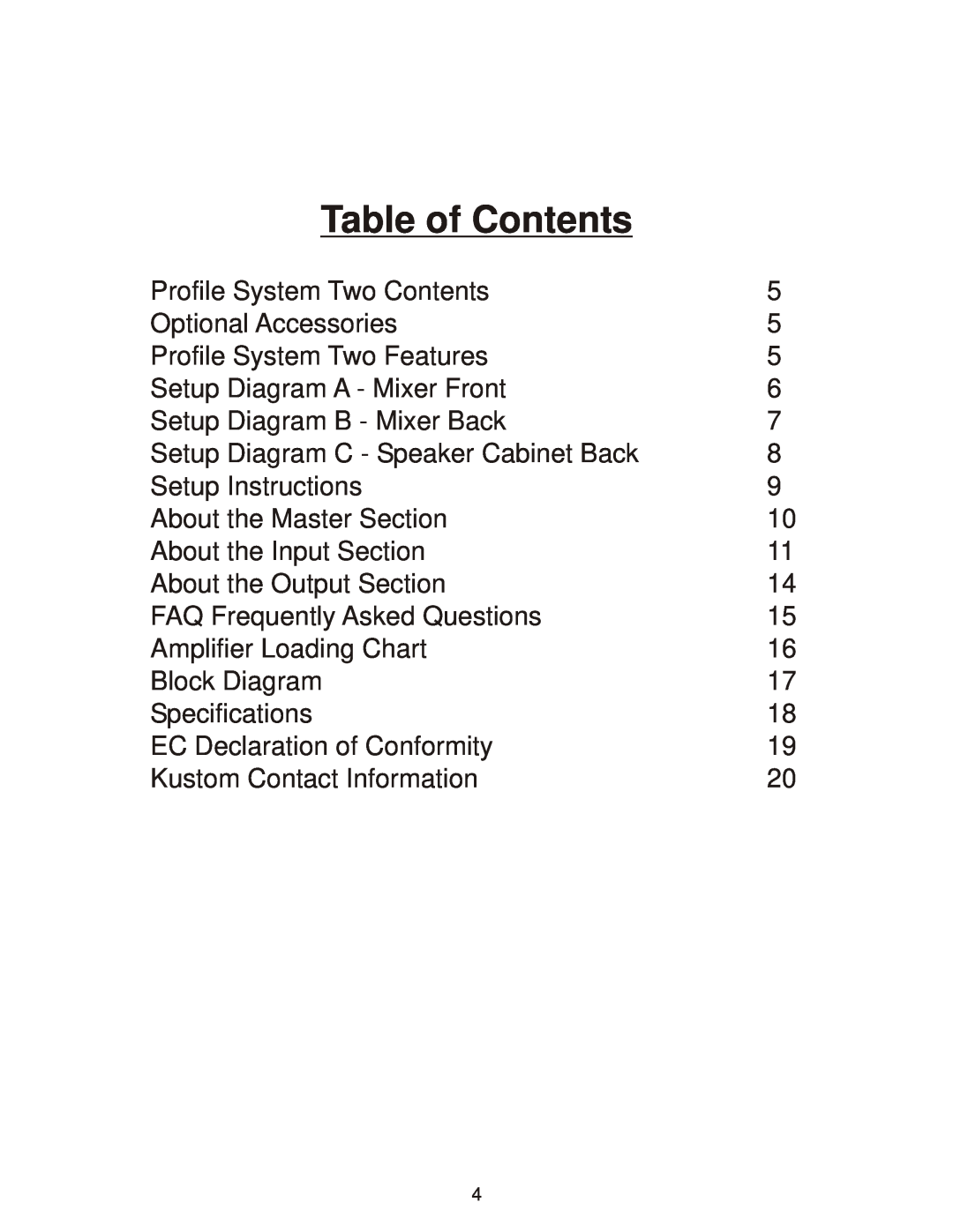 Kustom Profile System Two owner manual Table of Contents 