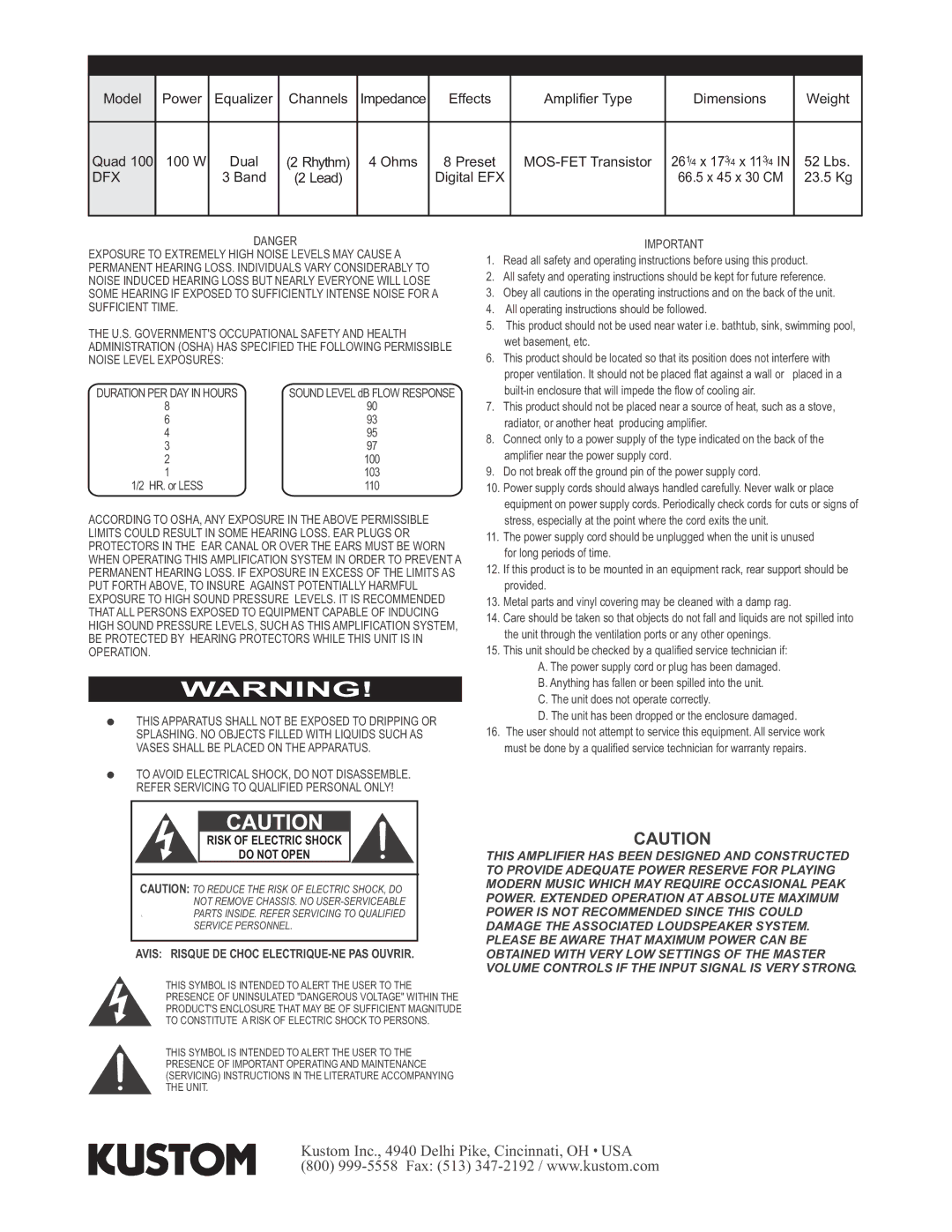 Kustom Quad 100 DFX owner manual Dfx 