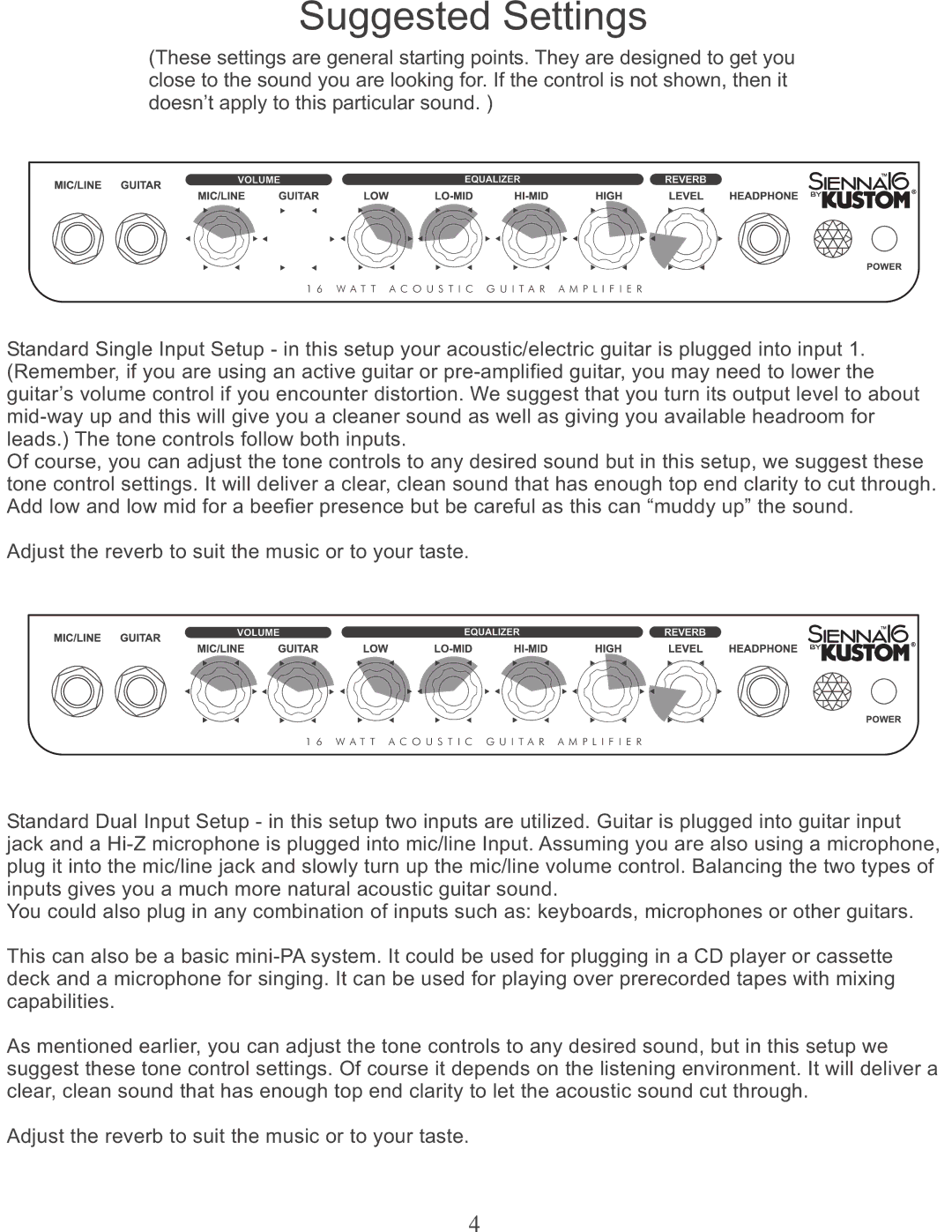 Kustom Sienna16 owner manual Suggested Settings 