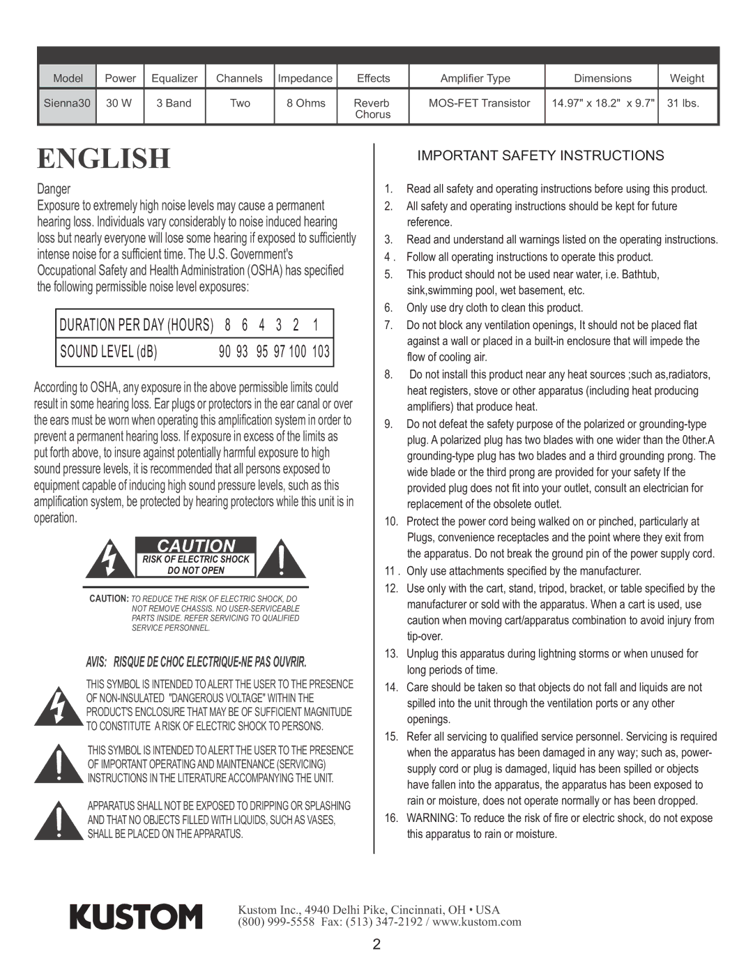 Kustom Sienna30 owner manual English 